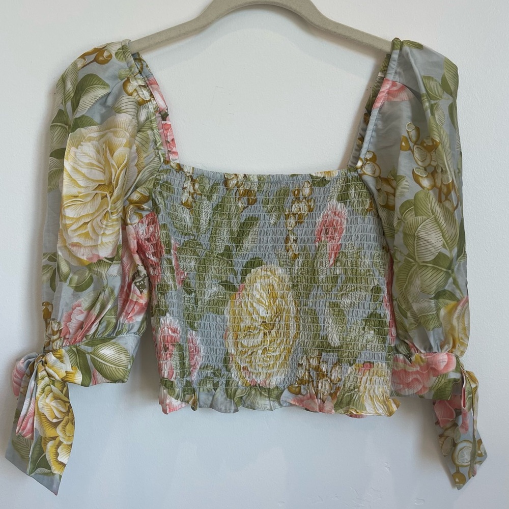 Express Women's Small Cropped Square Neck Peasant Puff Sleeve Floral Blouse Top